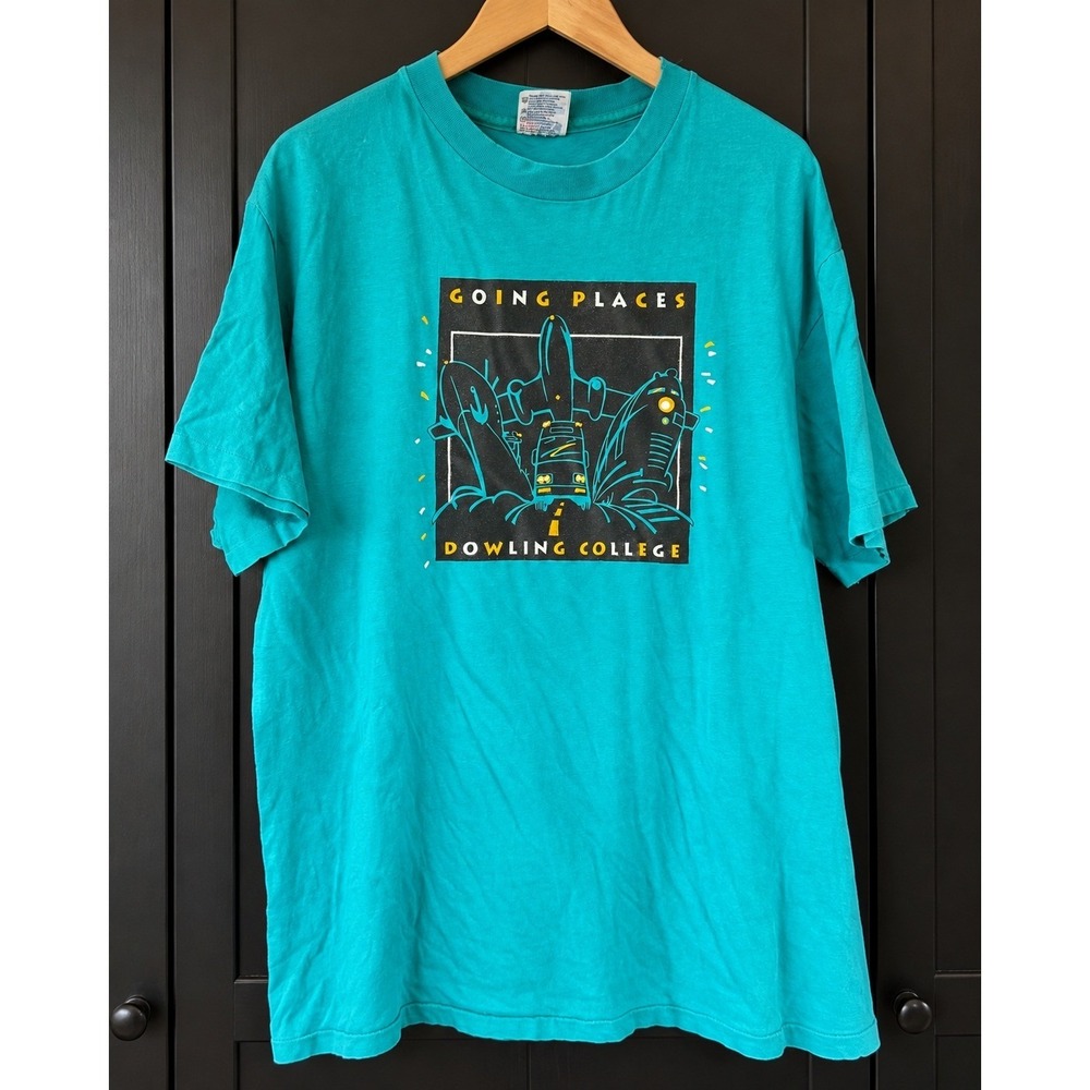 Vintage Hanes Beefy-T Dowling College Going Places Teal Graphic T-Shirt XL USA
